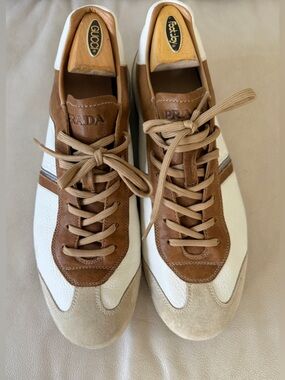 Prada Men’s White, Brown & Beige Leather Low-Top Sneakers, size 11